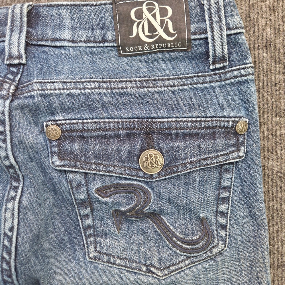 Rock & Republic Women 27 Blue Cotton Bootcut Low Rise Embroidered Y2K Jeans